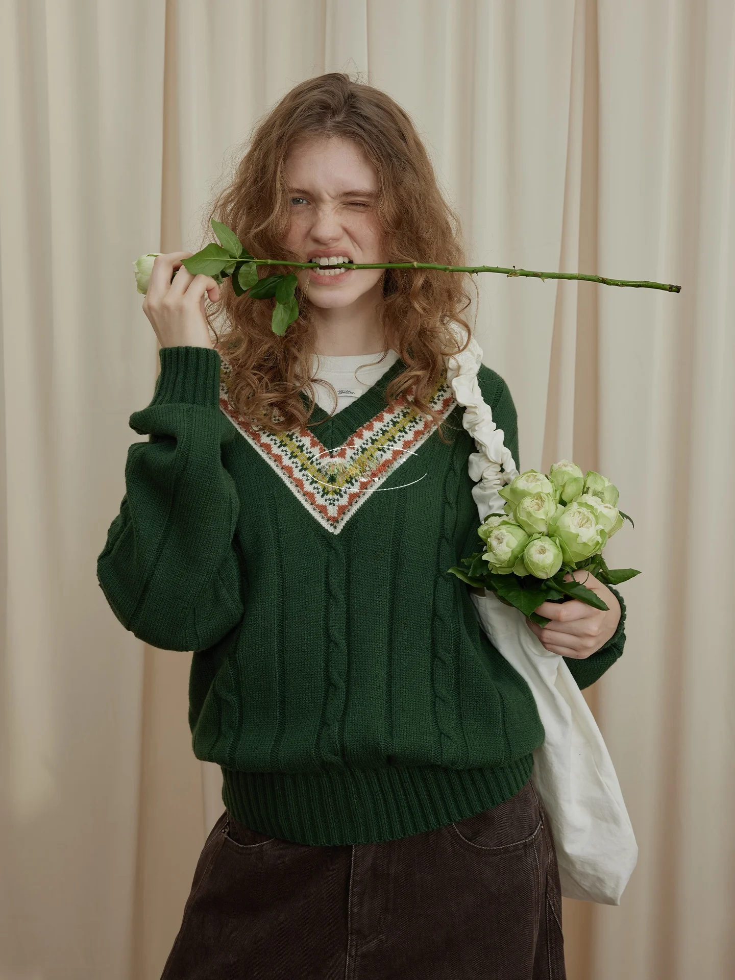 

Вязаный свитер BMLT Forest V-Neck, осенне-зимний, винтажный, с цветочным узором, пуловер в корейском стиле, топ для женщин, для повседневной носки