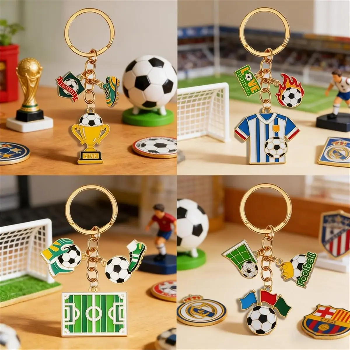4PCS Soccer Themed Alloy Keychains,4 Designs Football Game Keyrings, for Backpack Purse Charms, Party Favor