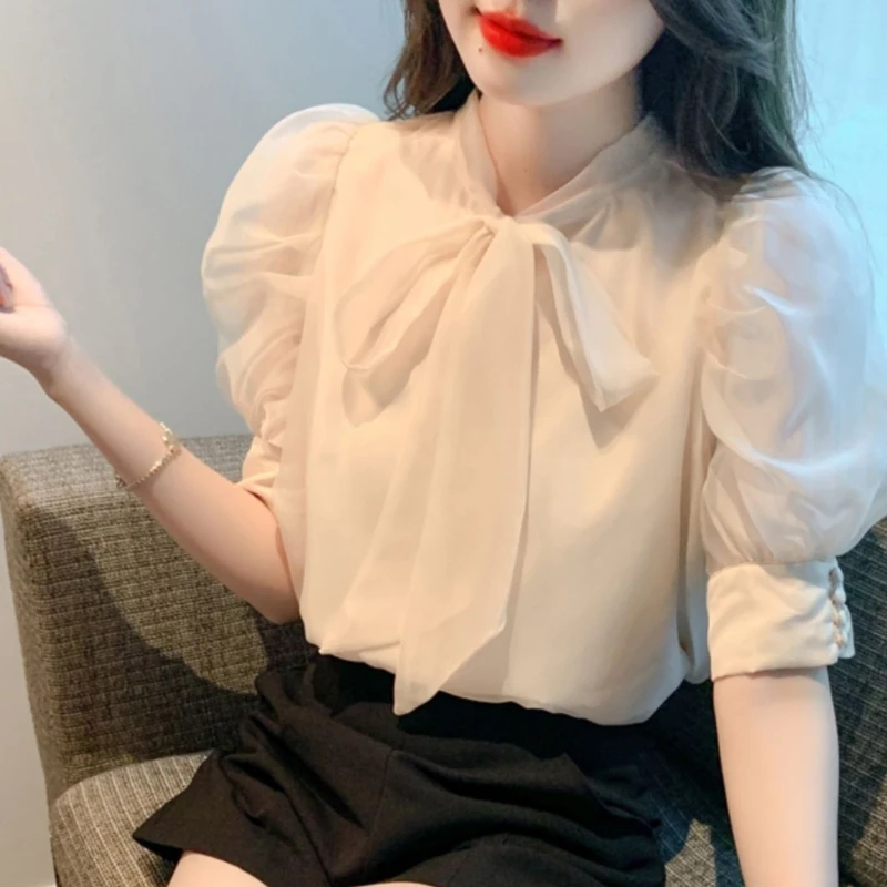 Fashion Bow Collar Apricot Chiffon Blouse Shirt Women Tops Blusas Mujer De Moda 2024 Verano Short Sleeve Blouse Women Blusa G587