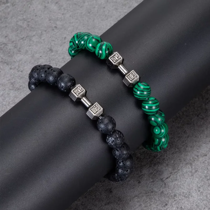 2pcs/Set Natural Stone Dumbbell Beaded Bracelet Black Beads Fitness Fit Life Prayer Bracelets Bangles Barbell Men Jewelry image 2
