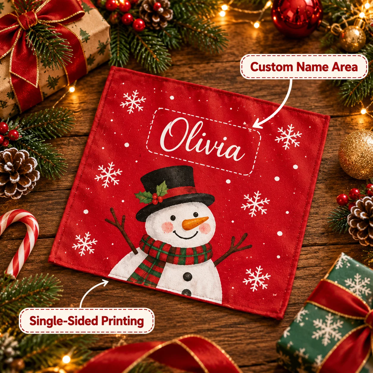 Personalized Snowman Christmas Handkerchief, Custom Name Holiday Printed Hanky with Festive Snowman Elements, Perfect Gift & Dec