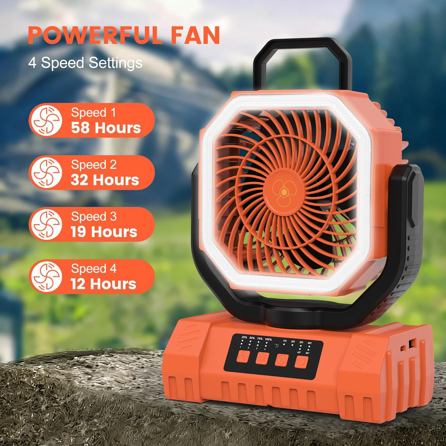 20000mAh outdoor fan - 59 hours of operation time, rechargeable battery, with LED light, programmable and remote control, orange