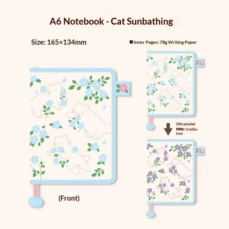 Kinbor Original A6 UV Color Changing Undated Planner, Cat Sunbathing Embroidery Cover Aesthetic Journal, Girls Stationery Gift