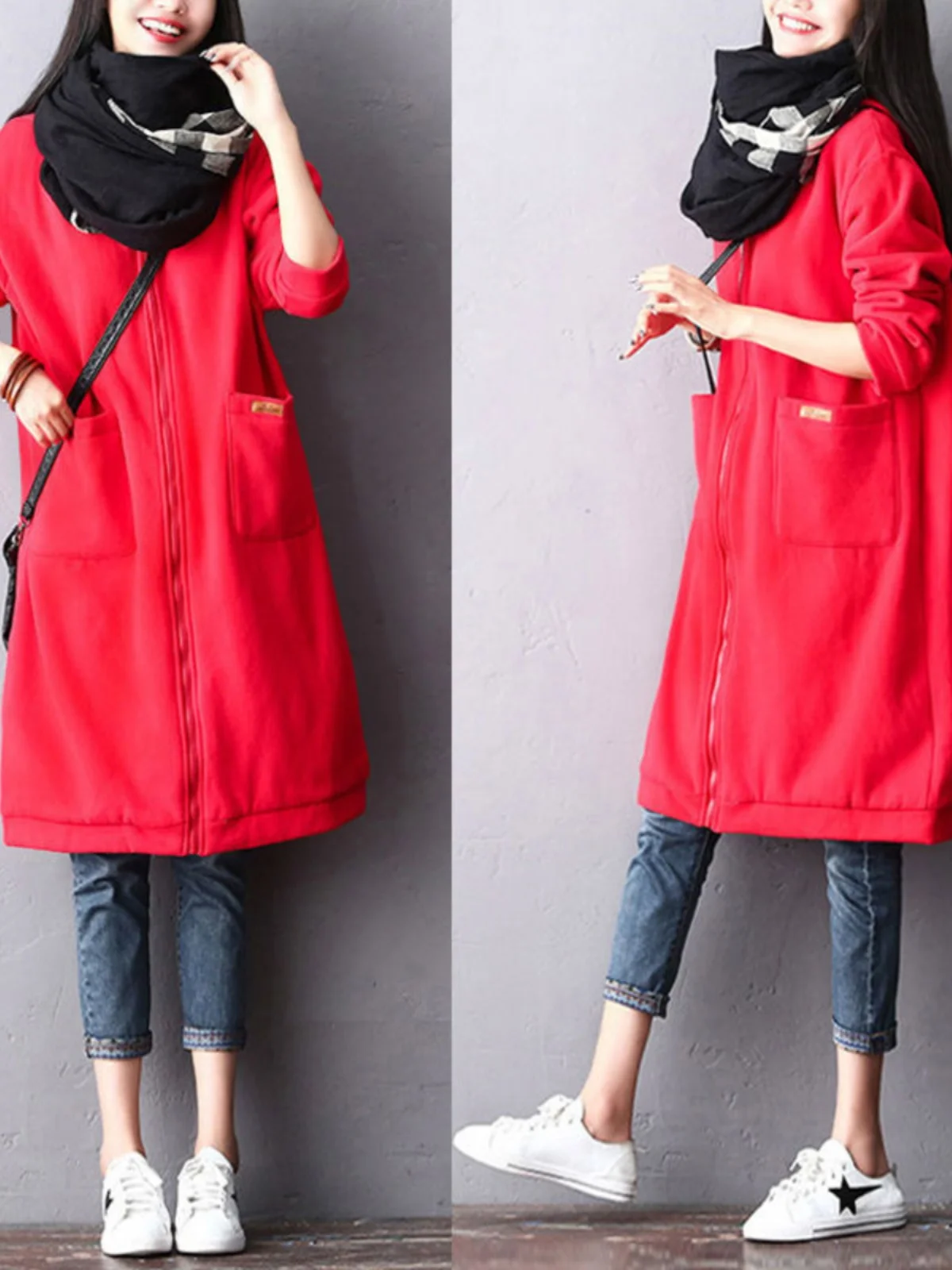

plus Size Women's Hoodie Jacket Winter New Arrival Fleece Lined Loose Fit Long Sleeve Zipper Cardigan Outerwear for Heavy People