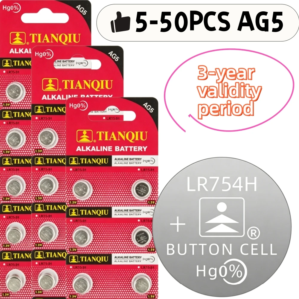 TIANQIU 1.55V AG5 LR754 Button Batteries SR754 193 393 L754 SR754SW LR48 Round Cell Coin Alkaline Battery for Watch Toys Clock