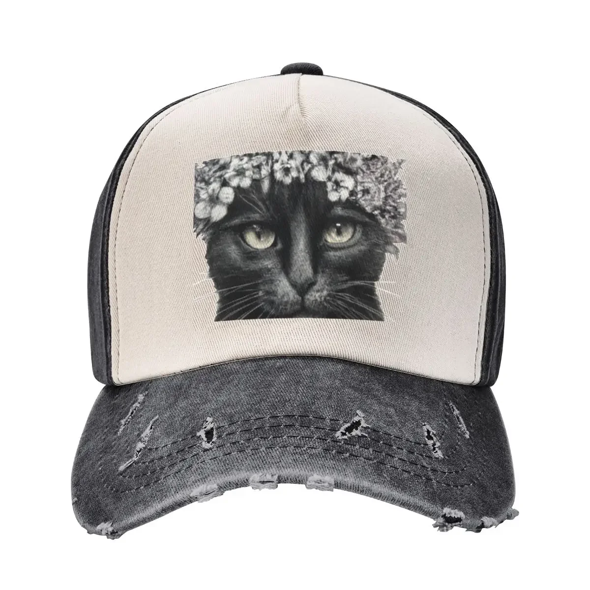 Pencil Sketch Art of Black Cat in Flower Crown Baseball Cap Golf Hat Cosplay Big Size Hat Women Hats Men's