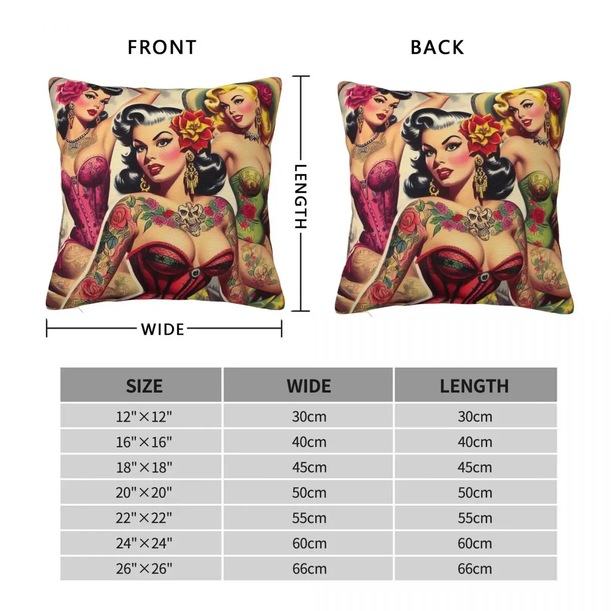 Vintage Tattoo Pin Ups Square Pillowcase Polyester Linen Velvet Pattern Zip Decor Sofa Cushion Cover Wholesale 45x45