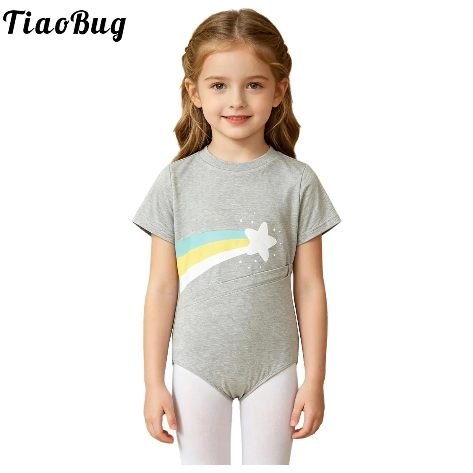 Kids Girls Rainbow Pattern Short Sleeve Dance Bodysuit Zipper Tube Access Leotard Comfortable Set for Ballet Gymnastics Training