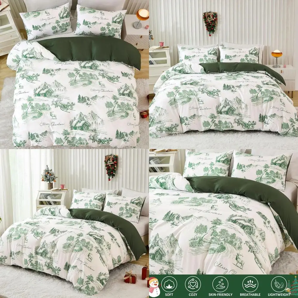 

Queen Size 3-Piece Christmas Tree, Reindeer & Santa Claus Duvet Cover Set - Soft Microfiber, Reversible Green, Merry Christmas W