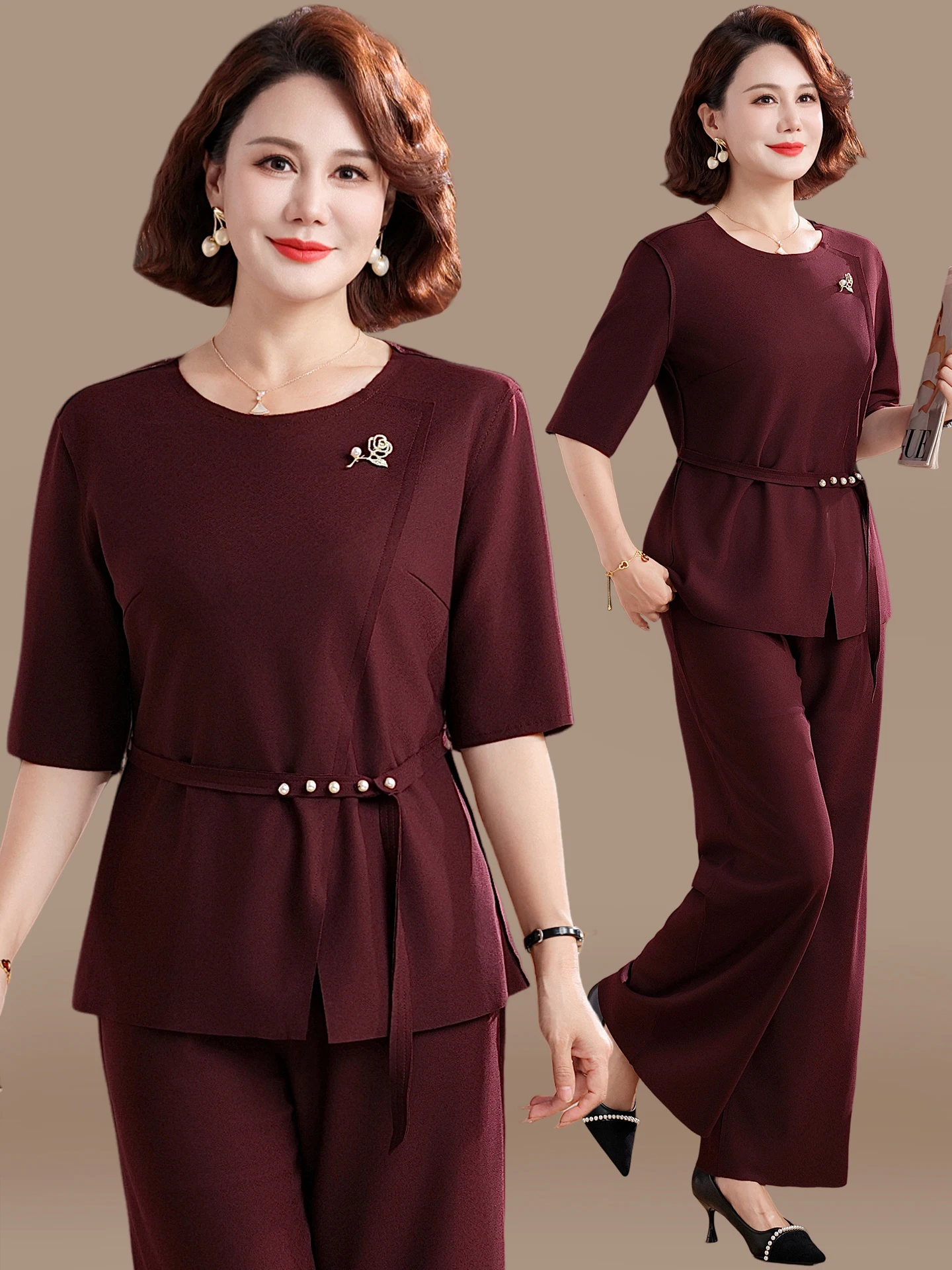 

Chic Autumn Fashion Two-Piece Set for Middle-Aged And Elderly Women Korean Style Loose Fit Bright Thread Embroidery Warmth
