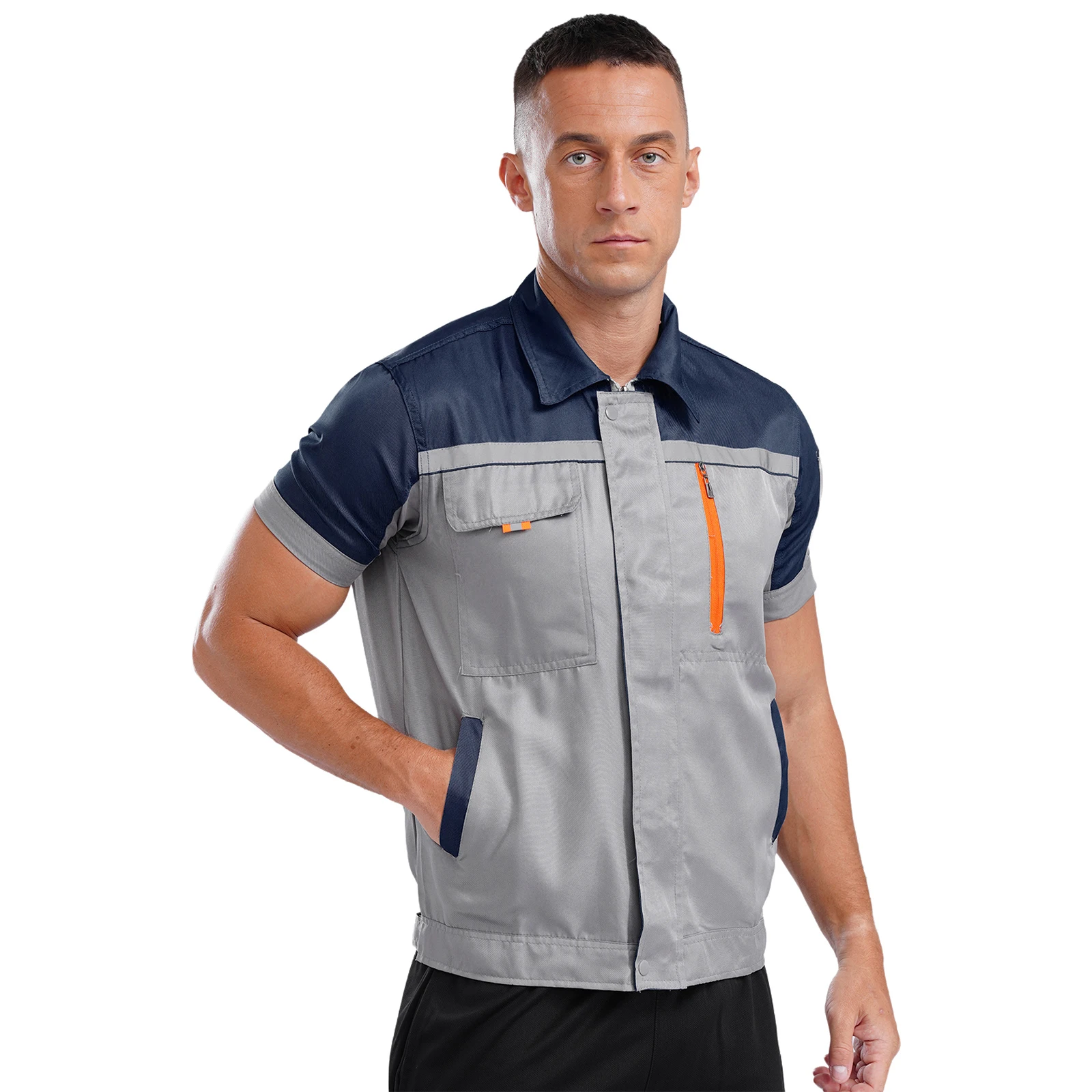 Mens Factory Workshop Labor Work Uniform Jacket Tops with Pockets Short Sleeve High Visibility Zipper Outerwear Shirt Tops