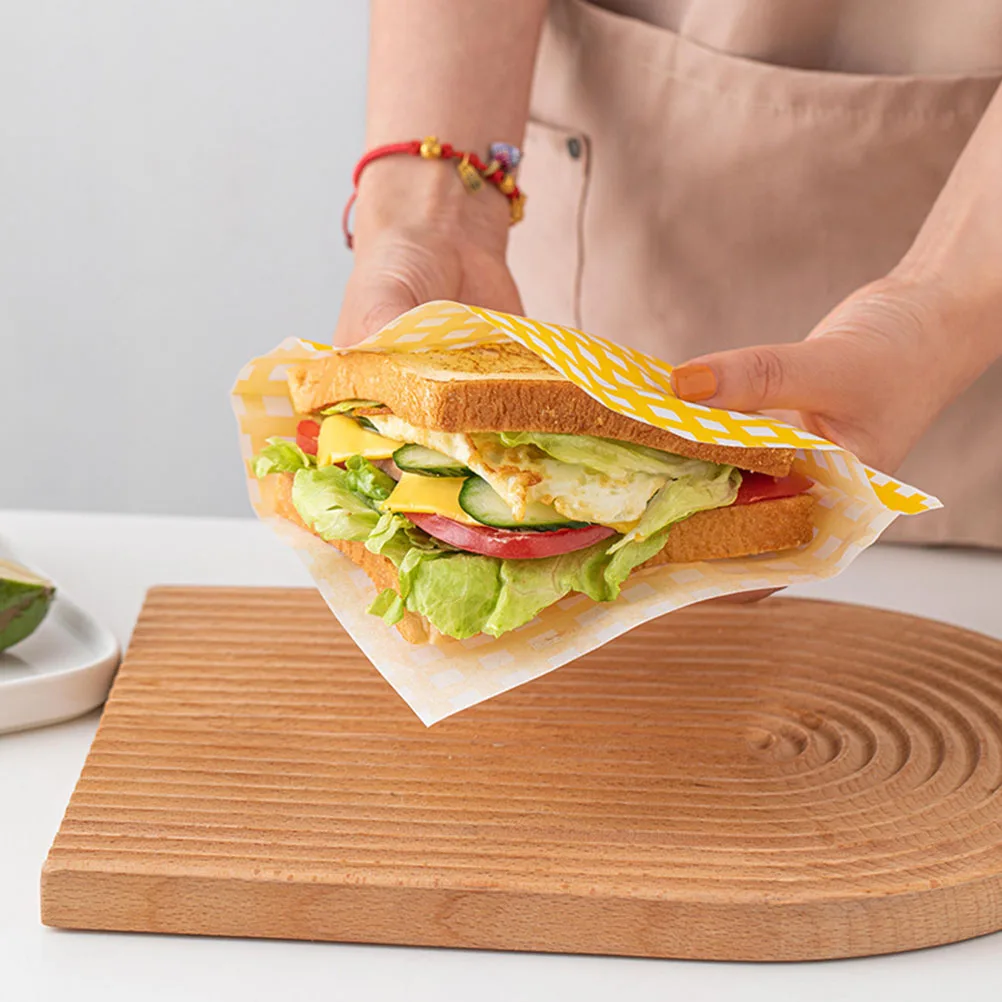 

100Pcs Yellow Grid Pattern Grease-Proof Sandwich Wrapping Paper Oil Absorbing Food Wraps for Cafe Bakery Restaurant Use
