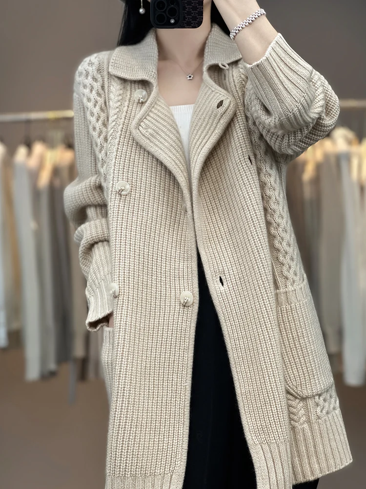 

Autumn Winter Women 100% Merino Wool Soft Sweater V-Neck Long Style Cardigan Heavy Work Knitted Overcoat Twist flower warm Top