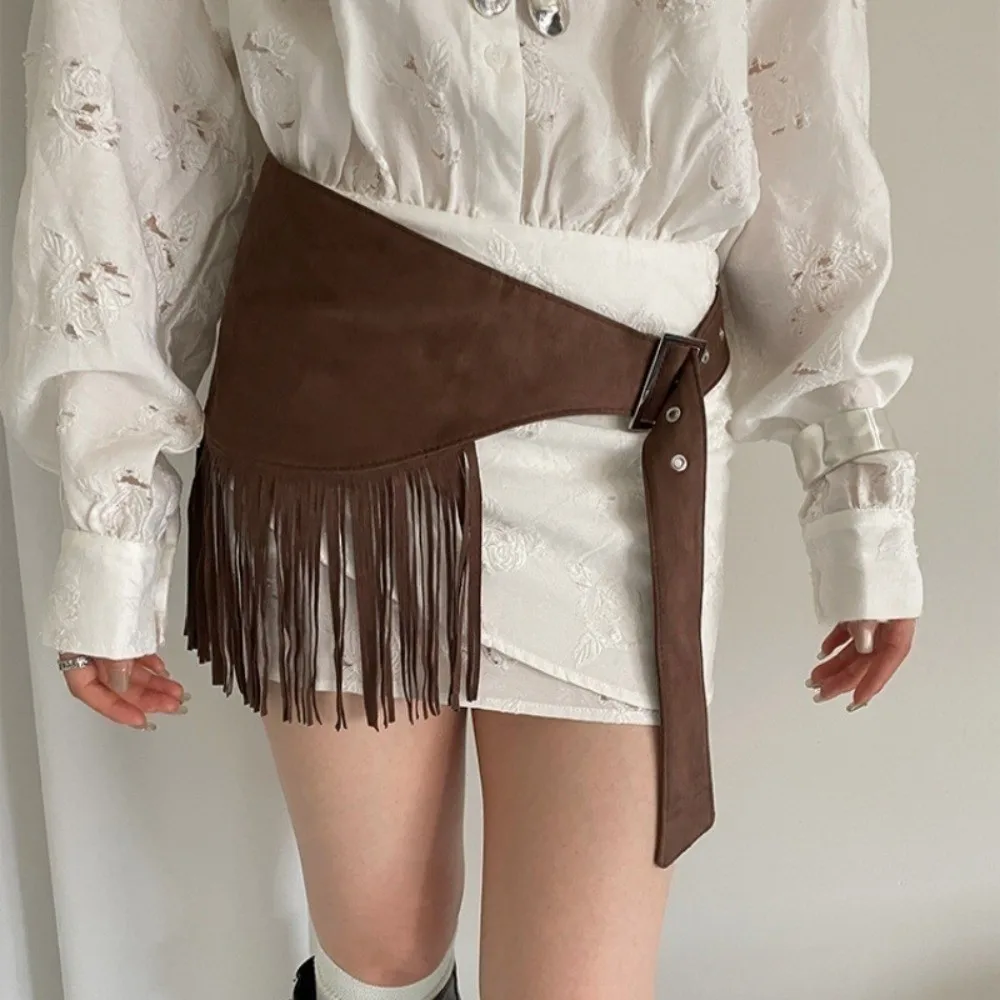 

Elegant Solid Color Tassel Waist Belt Cowboy Style Fringe Mini Skirts Y2k Korean Style Triangle Butt Curtain Women