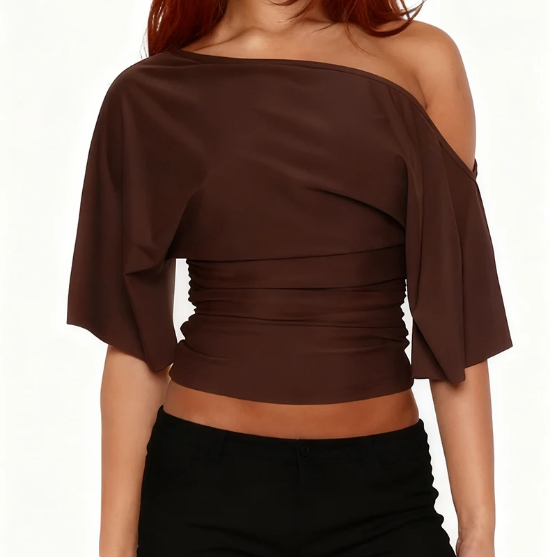 Off Shoulder Ruched Crop Tops Women Basics Tees Solid Color Skew Collar Short Sleeve T-shirts Summer Casual Club Streetwear image 5