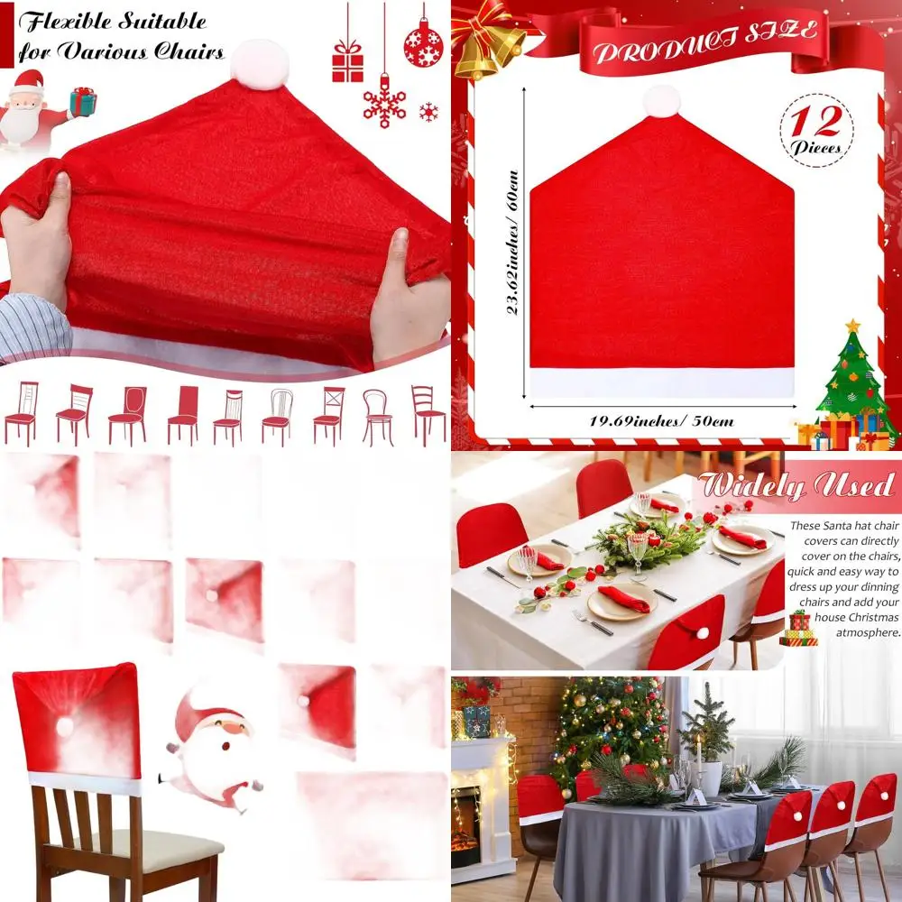 

12 Pack Red Santa Hat Chair Covers for Christmas Party, 19.69x23.62 Inches, Holiday Dining Decor