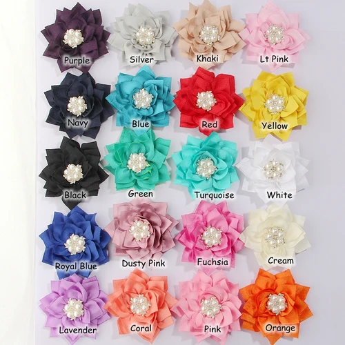 Imagen 2 del producto 5 uds 7,5 CM 2,95 ""flores de tela de loto de belleza con centro de diamantes de imitación de pera accesorios para el cabello flor para Clips ramo de boda