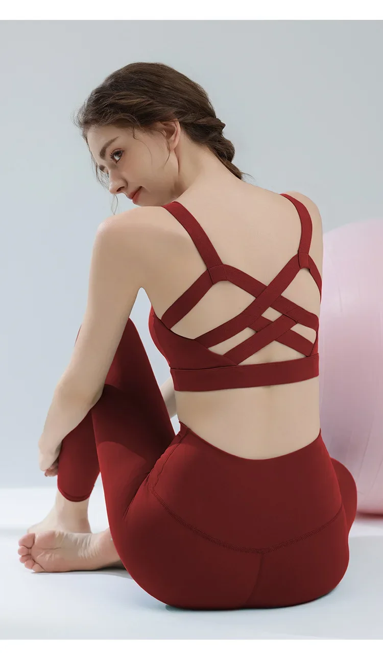 

Vest Set Women's Cross Wide Shoulder Strap Beauty Back Sports Bra Underwear High Waist Fitness Tight Pants Set