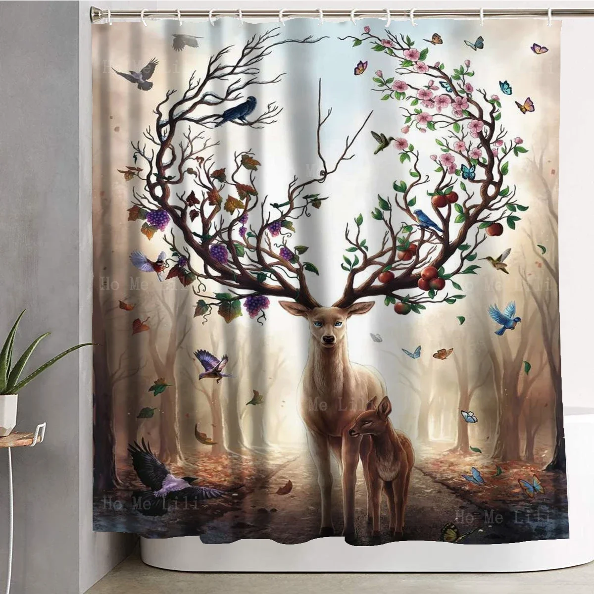 Deer With Blossoming Antlers Tree Dream Forest Animal Seasons Art Fantasy Elk Abstract Bathroom Decor Shower Curtain