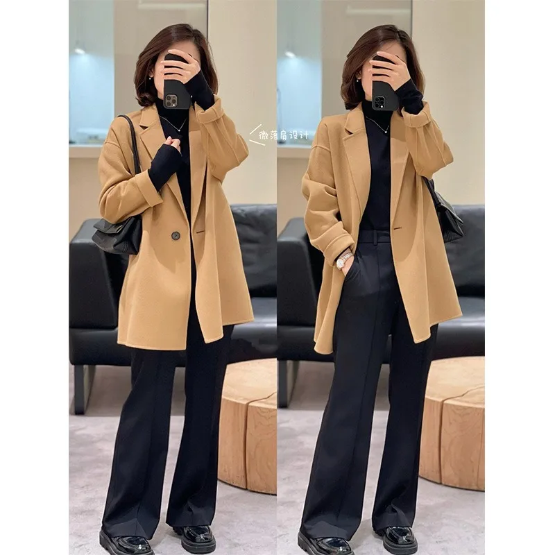 

23Autumn and Winter Simple Temperament Commuting Merino Wool Double-sided One-button Silhouette Mid-length Coat