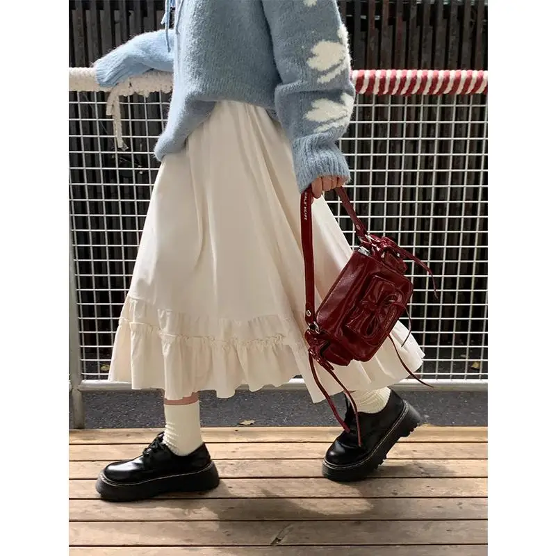 Khaki Corduroy Half-length Skirt Women's Casual Wide-leg Long Skirt Autumn Winter Wood-grain  Cake Skirt Korean Style