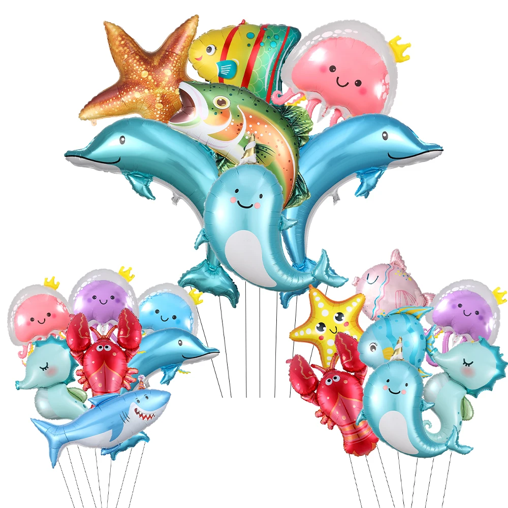 Juego de globos de animales en el océano, delfín, tiburón, caballito de mar, ballena, estrella de mar, medusas, trucha arcoíris, globo de aluminio bajo el mar, decoración para fiesta de cumpleaños