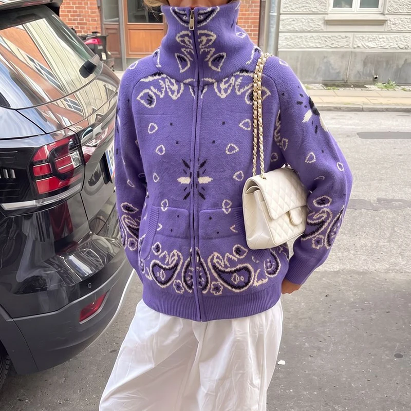 Casual Stand Up Collar Long Sleeved Sweater Unique Color Blocked Zipper Office Commuting Coat Comfortable Knitted Loose Cardigan