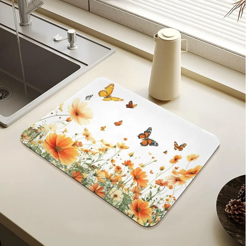 Orange Floral Butterfly Dish Drying Mat Monarch Wildflower Kitchen Counter Mat Cottagecore Coffee Bar Pad Absorbent