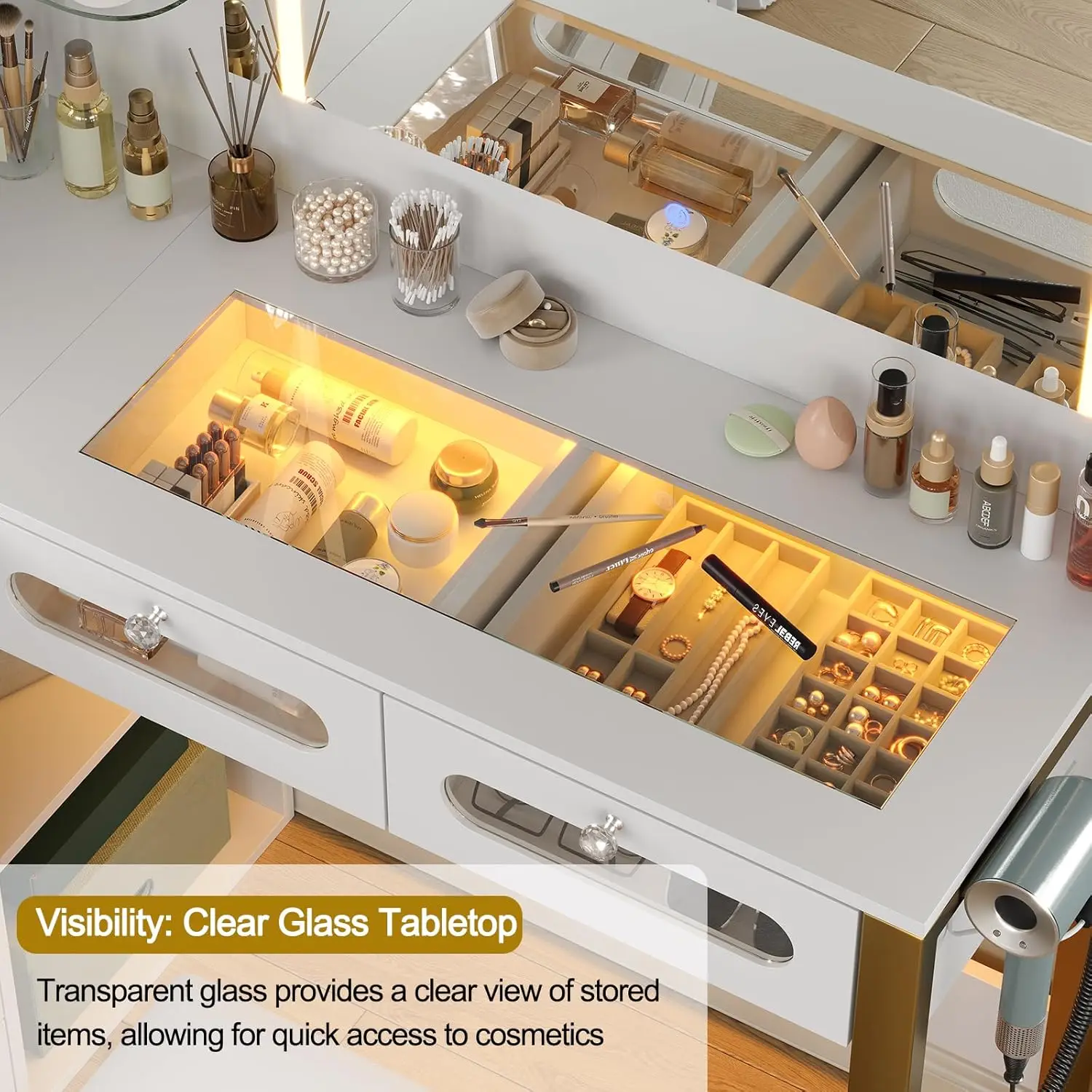 White Clear Glass Top Makeup Vanity for Bedroom with Mirror, Lights, 2 RGB Drawers, Spacious Storage & Power Outlet view 6