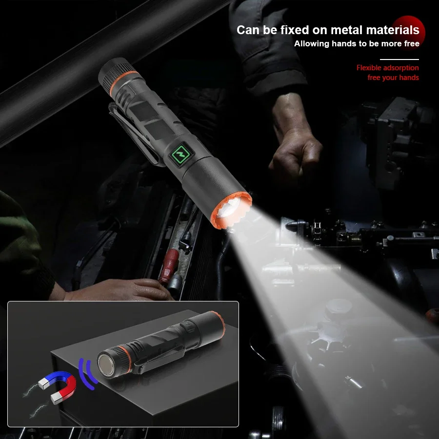 New LED flashlight 10440 lithium battery with pen clip retractable zoom magnetic flashlight Type-c charging outdoor adventure