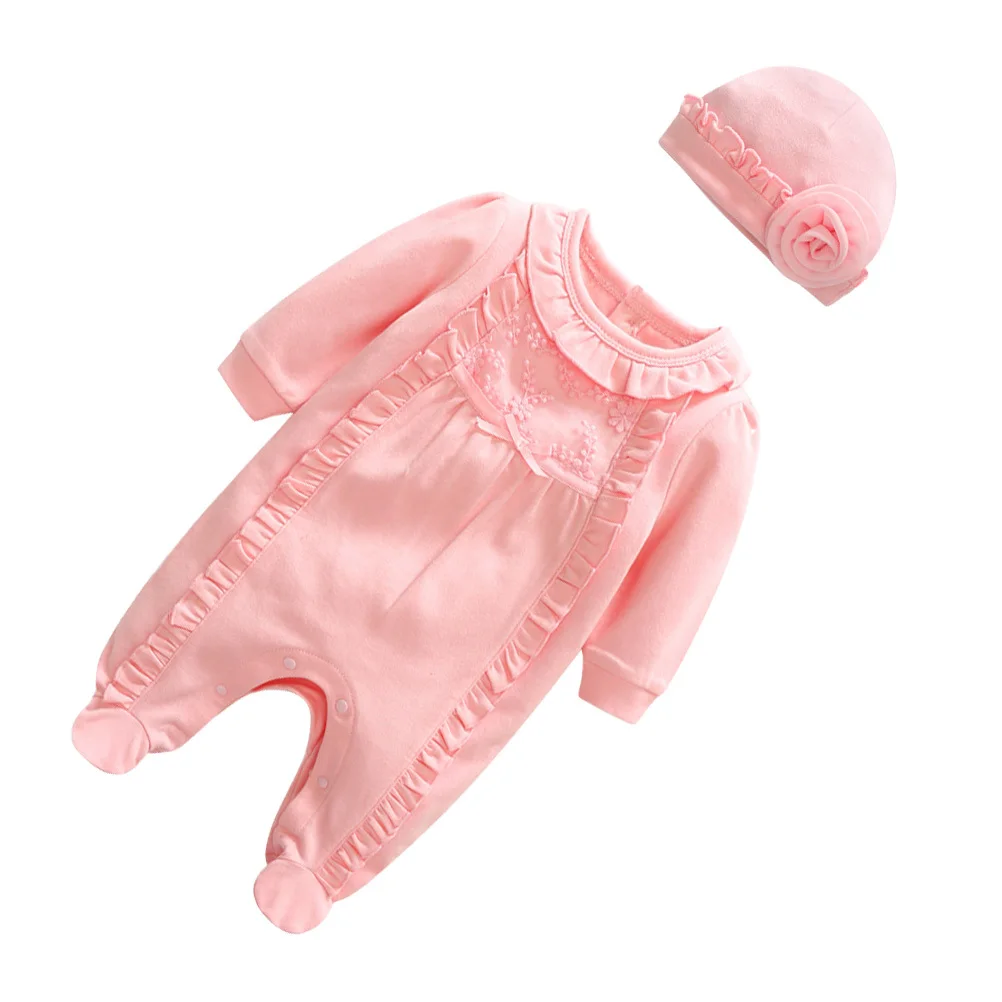 

2pcs 80Cm Baby Jumpsuit Cotton Lace Sleeve Spring Autumn Long Pants Romper For Newborn Girls Pink Playwear Party Outfit
