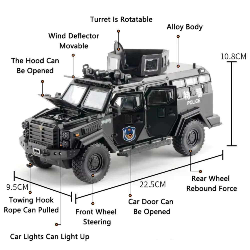 1:24 Modello Spada Tigre dentata Macchinine blindate Pressofuso in lega Macchinine della polizia Suono Luce Porte aperte Veicoli militari Regali per bambini