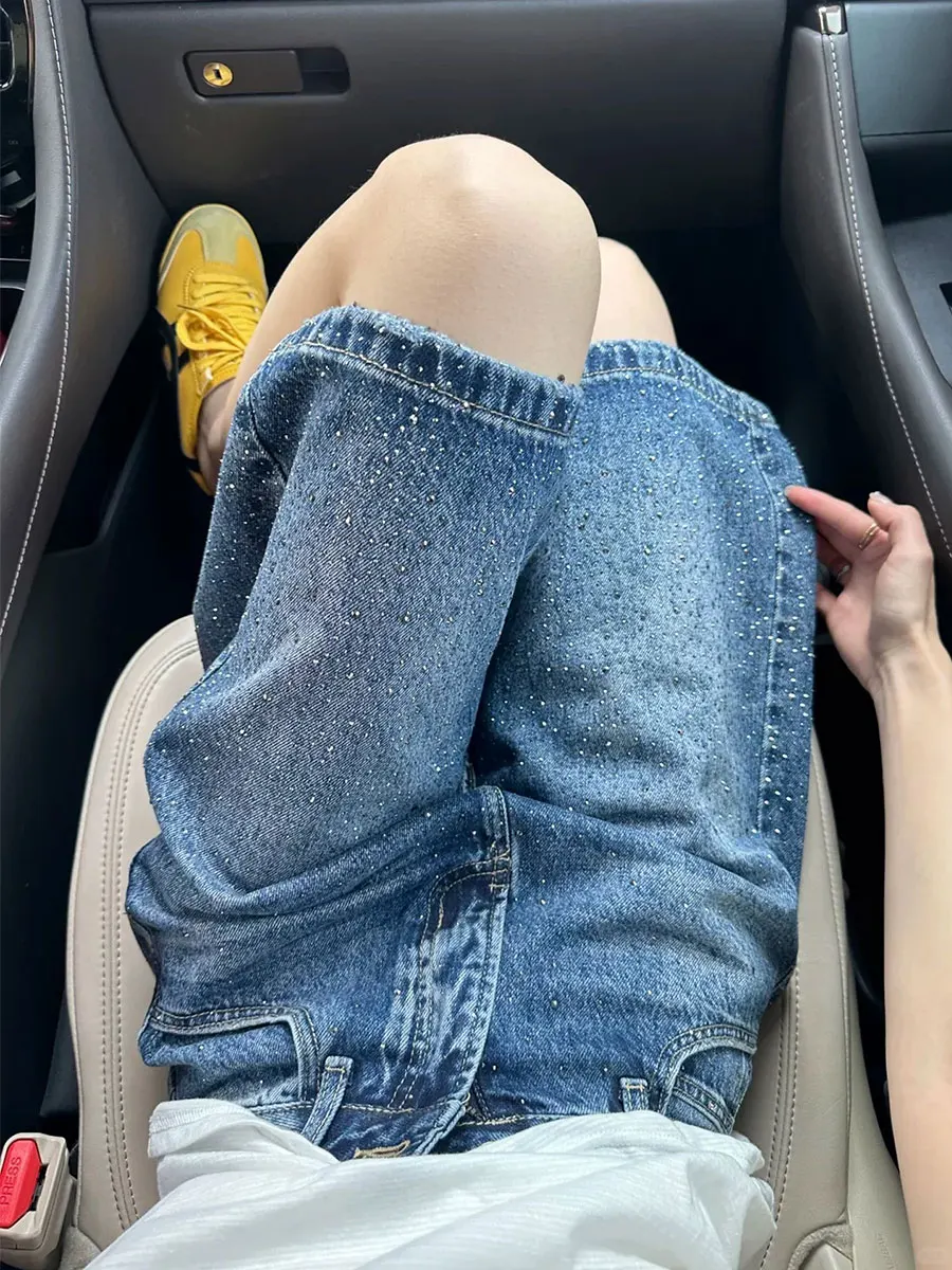 

High Waist Glittering Rhinestone Five-Point Denim Shorts Women's Summer plus Size Vintage American Straight Leg Wide Leg Pants