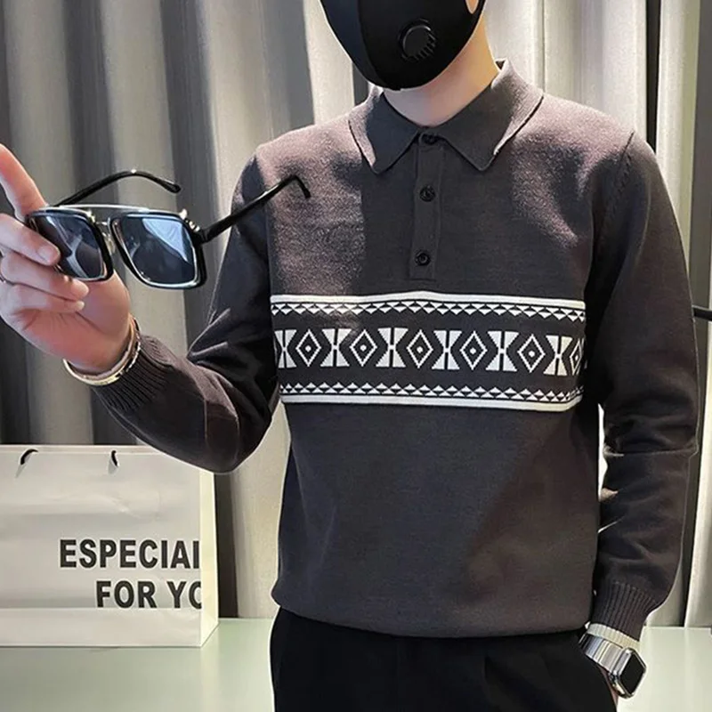 

Fashion Lapel Button All-match Printed Sweaters Men Clothing 2023 Autumn New Oversized Casual Pullovers Loose Korean Tops