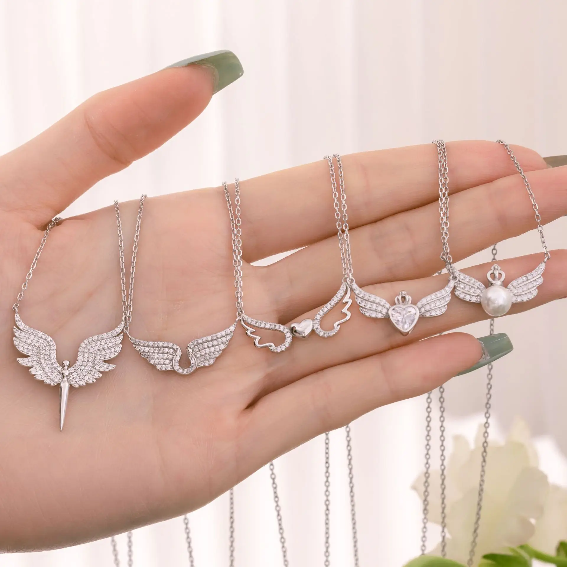 S925 prata esterlina asas de anjo colar jóias de luxo incrustado pérola luz luxo moda doce bonito feminino colar presente