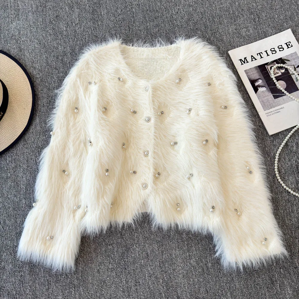 Pearl Button Studded Diamond Imitation Mink Wool Knitted Cardigan 2024 Autumn Winter Thick Sweater Short Jacket