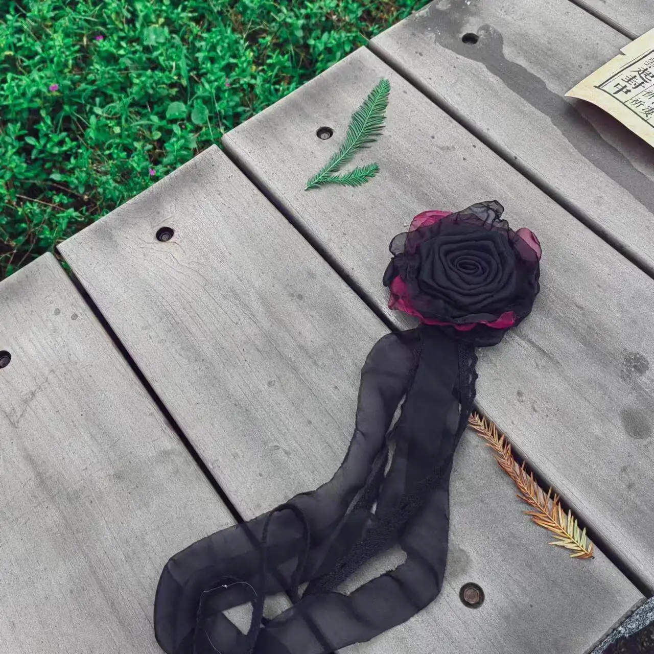 Handmade Black Fabric Wilted Rose Brooch Dark Lolita Style Floral Accessory for Personal Styling, Bridal Showers and Tea Parties