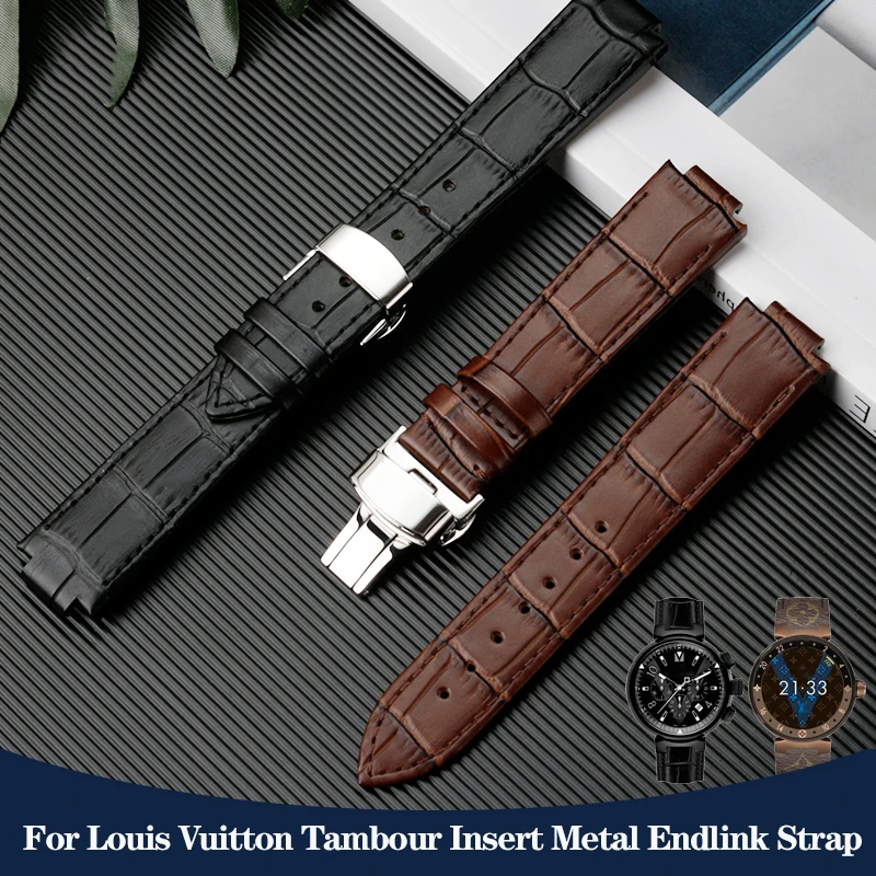 21x12mm Cowhide Leather Watchband for LV Strap Louis Vuitton Tambour Insert Metal Quick Release Endlink Watch Bracelet Men Women