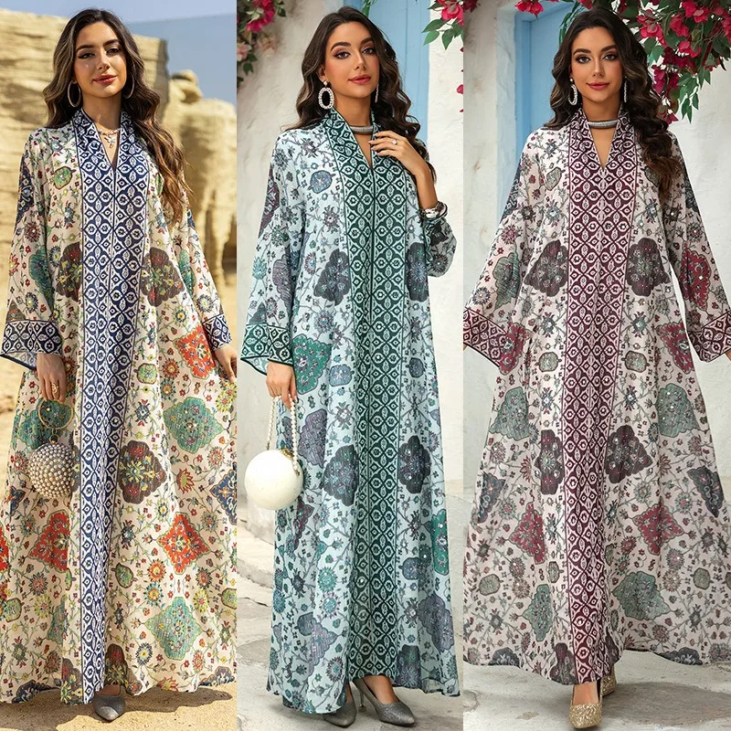 Dubai Abaya Muslim Women Dress Floral Print Long Sleeve Pullover