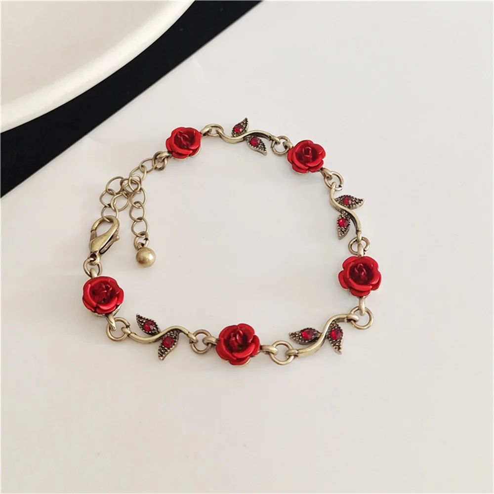 Vintage Red Rose Flower Necklace Bracelet Earring Jewelry Set for Women Tassel Earring Clavicle Chain Wedding Engagement Jewelry