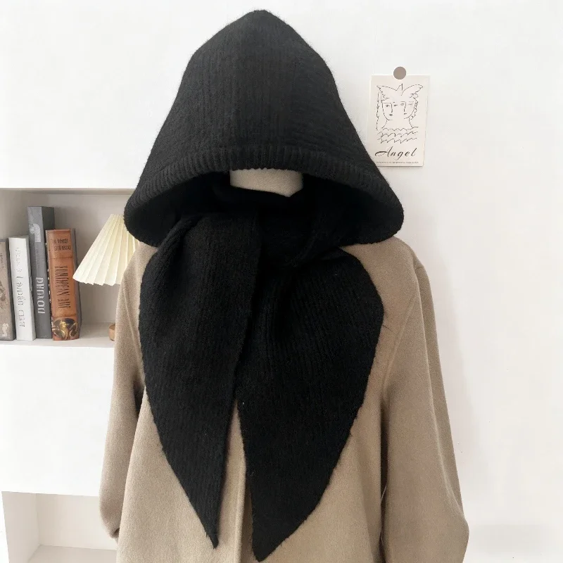 قبعة نسائية شتوية محبوكة من الصوف متعدد الألوان - وشاح بغطاء للرأس متكامل، عصرية دافئة للتزلج والرياضات الخارجية