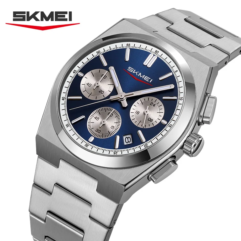 

SKMEI 9371, новинка 2025 года, мужские кварцевые часы, деловые водонепроницаемые часы из нержавеющей стали с хронометром и календарем, мужское издание, reloj hombre