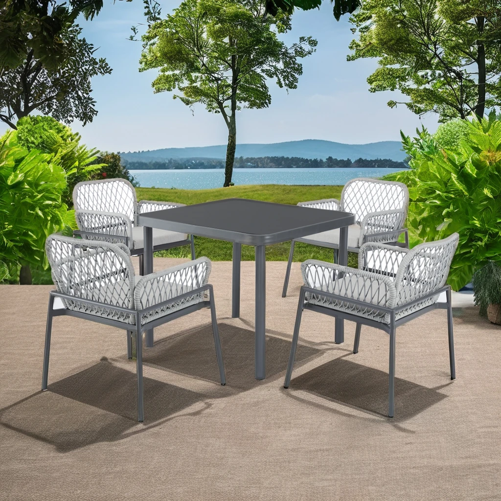 

Modern Bamboo Outdoor Dining Set With Steel Frame Table & Rope Back Chair For Courtyard Use Outdoor Furniture