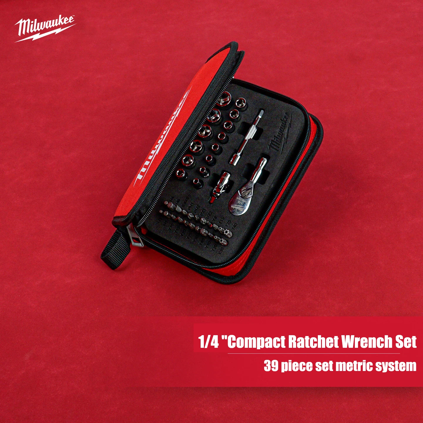Milwaukee 39 Piece Metric 1/4' Compact Integrated Ratchet Sleeve Set, Storage Bag Manual Tool Accessories 4932492672