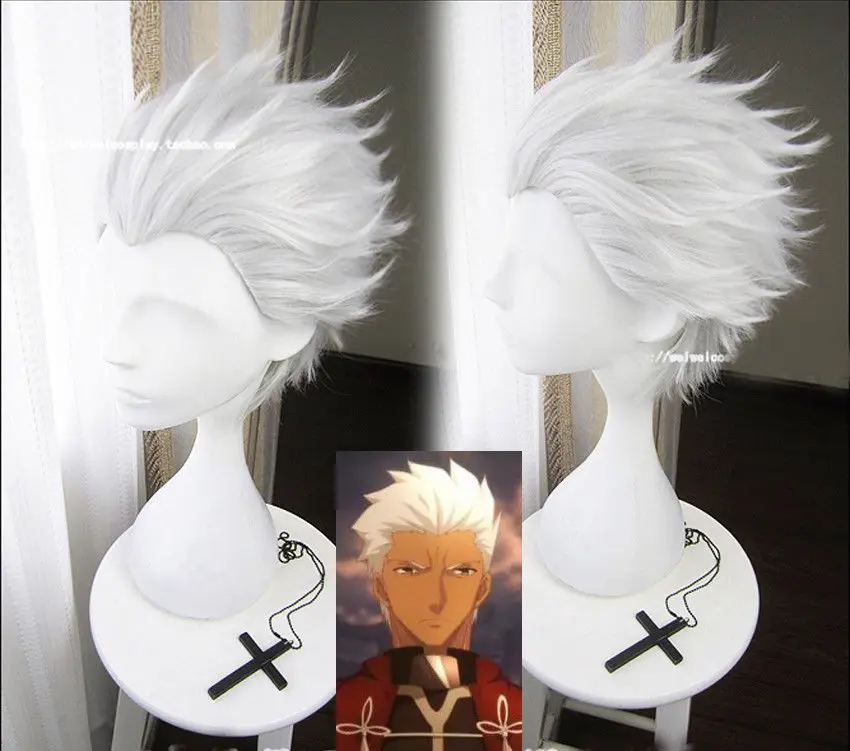 Fate Stay Night Go Extra Archer Emiya Wigs Short Silvery White Heat Resistant Synthetic Hair Cosplay Wig + Wig Cap