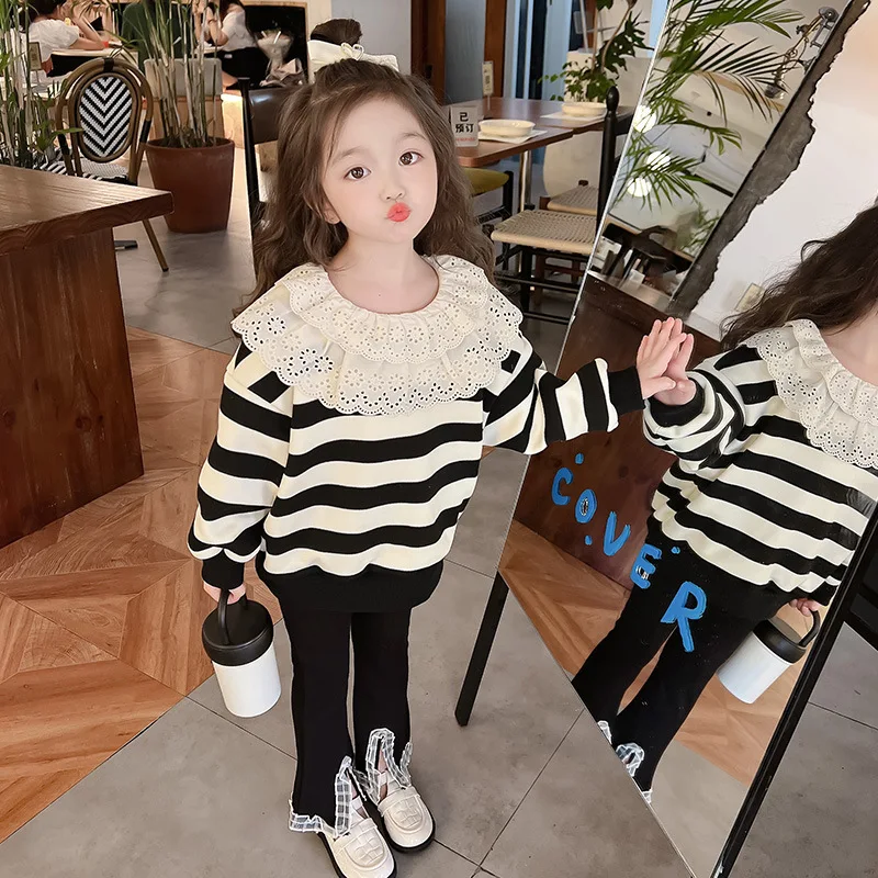 Spring and Autumn Collection New Children's Striped Top Little Girls Korean Western Style Bottom Shirt Simple Loose Cotton