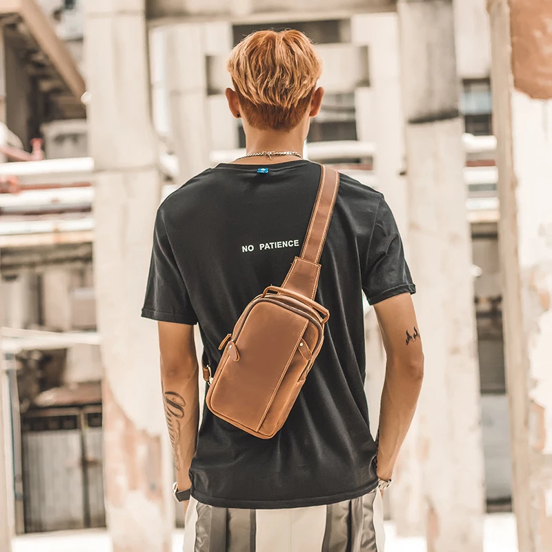 Handmade Genuine Leather Chest Bag Male Daily Travel Vintage Cowhide Leather Shoulder Bag Fashion Outdoor Cross body Sling Bag