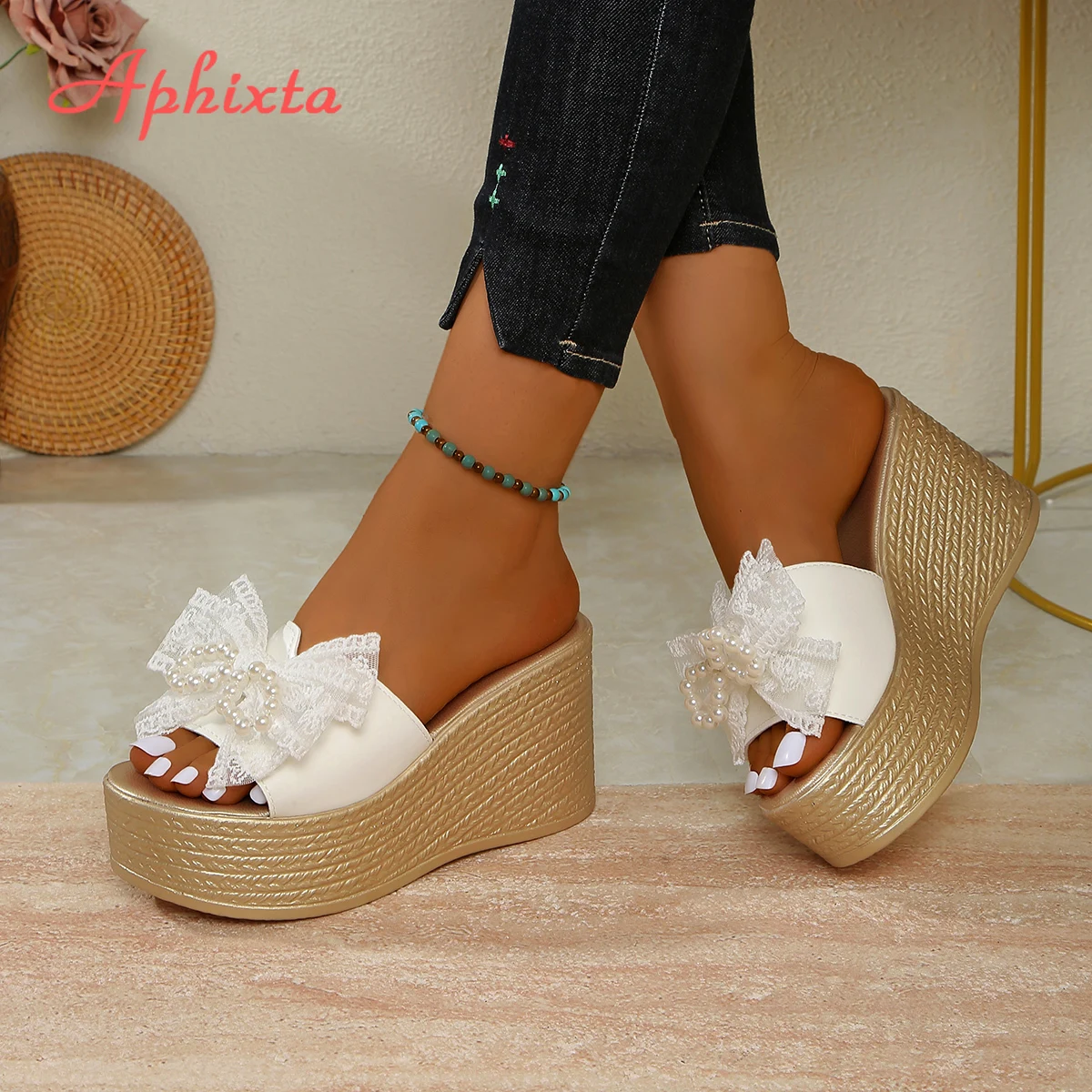 

Aphixta Luxury Women Clappers 9cm High Heels Woman Summer Beach Shoes Sweet Bow Gold Heels Light Weight Shoes for Woman