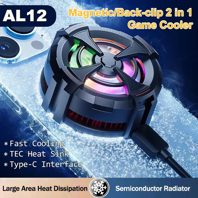 

AL12 Mobile Phone Magnetic/ Back-clip 2 in 1 Cooling Fan Radiator Semiconductor Game Cooler for IOS Android Cool Heat Sink PUBG