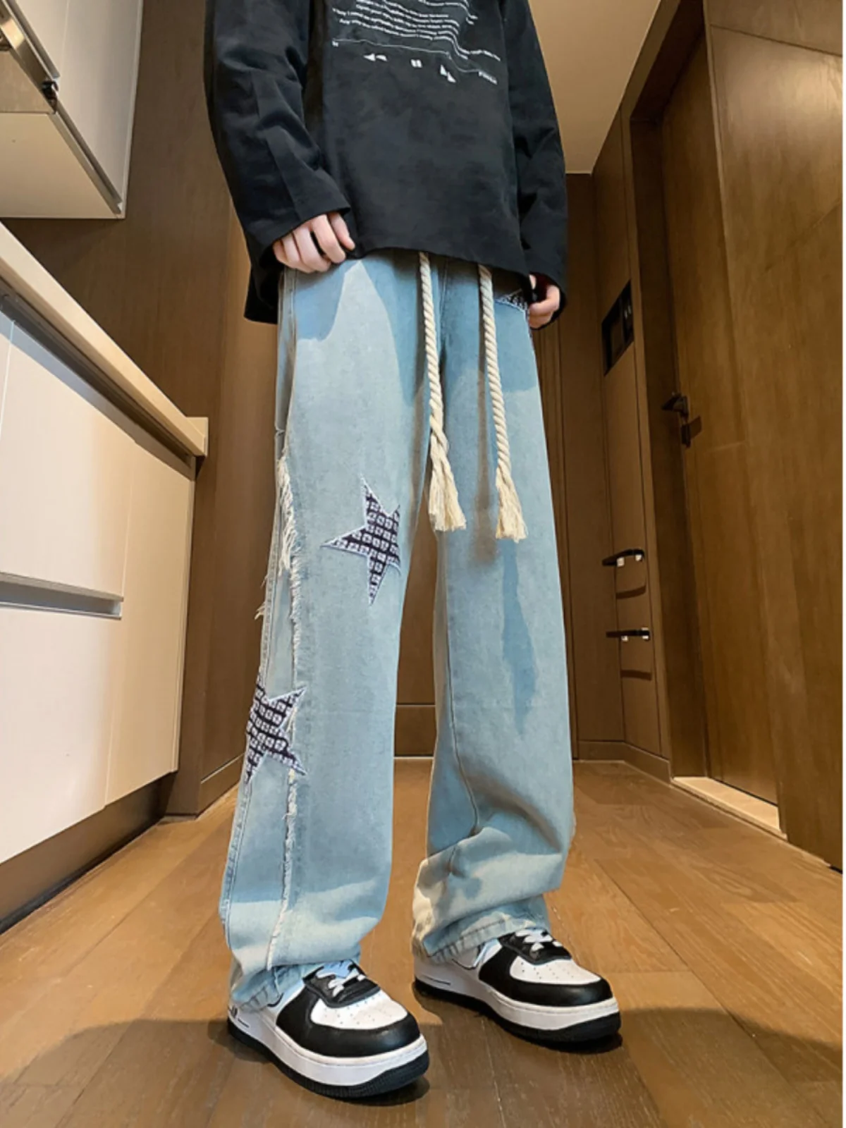 

Fashionable Star Embroidery Frayed Jeans Men's High Street American Style Autumn Trendy High-End Feeling Cool Men's Pants